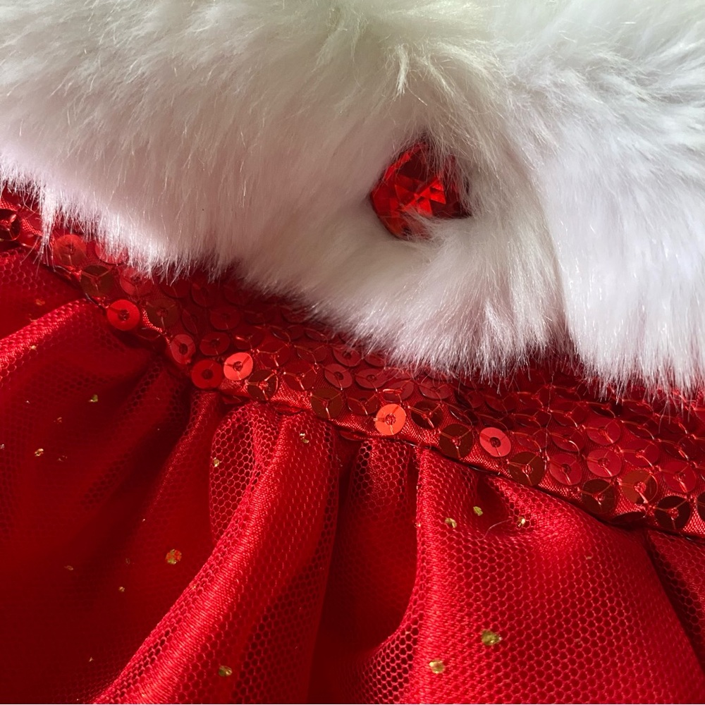 Build-A-Bear BABW Sparkly Red Gold Sequin Tulle White Fur Trim Holiday Dress - Picture 2 of 5